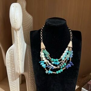 Howlite, Lapis, Green Chalcedony Statement Multi Strand Necklace w/ Gold Accents